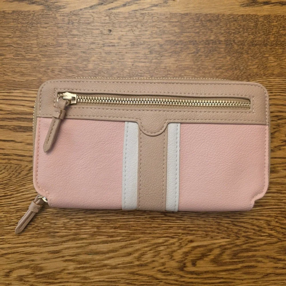 Pink Tan Colorblock Zip Around Continental Wallet Faux Leather Cottagecore Girly